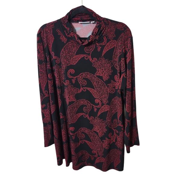 Susan Graver QVC 1X Black mock Neck Blouse Red pattern long sleeve Stretch - Picture 4 of 8